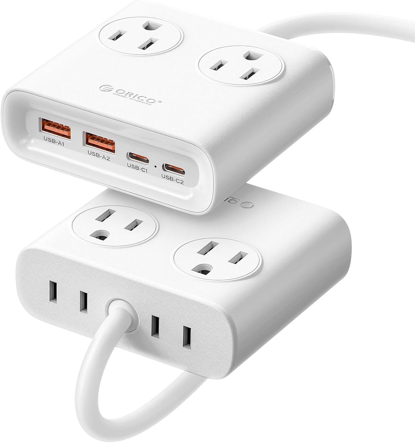 ORICO Power Brick, 25W GaN Power Strip, 8 in 1 Extension Cord with 4 AC Outlets and 2 USB-A and 2 USB-C Ports, 5ft Flat Plug White Outlet Extender for Home/Dorm/Travel-Black (1 PCS)
