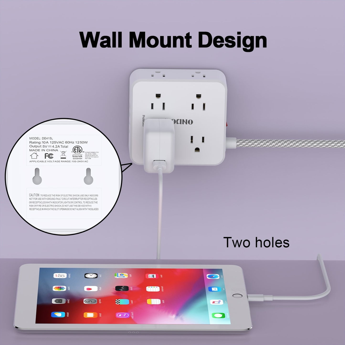 Surge Protector Power Strip - 5ft Braided Extension Cord with 8 Outlets and 4 USB (2 USB C), Flat Wall Plug for Home Office, White