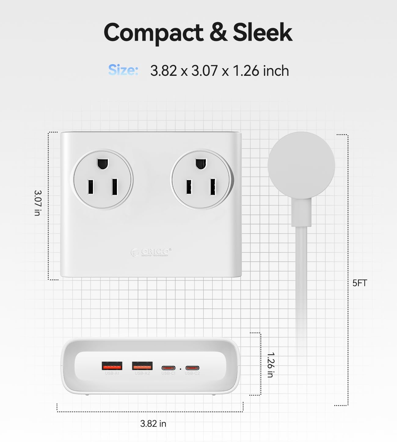 ORICO Power Brick, 25W GaN Power Strip, 8 in 1 Extension Cord with 4 AC Outlets and 2 USB-A and 2 USB-C Ports, 5ft Flat Plug White Outlet Extender for Home/Dorm/Travel-Black (1 PCS)