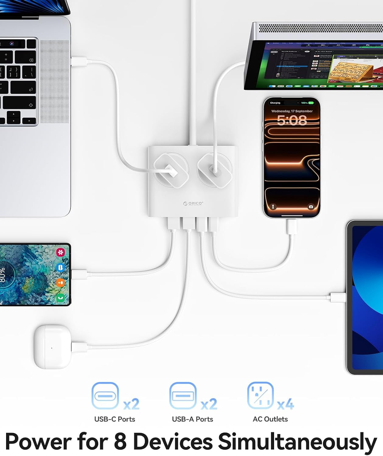 ORICO Power Brick, 25W GaN Power Strip, 8 in 1 Extension Cord with 4 AC Outlets and 2 USB-A and 2 USB-C Ports, 5ft Flat Plug White Outlet Extender for Home/Dorm/Travel-Black (1 PCS)