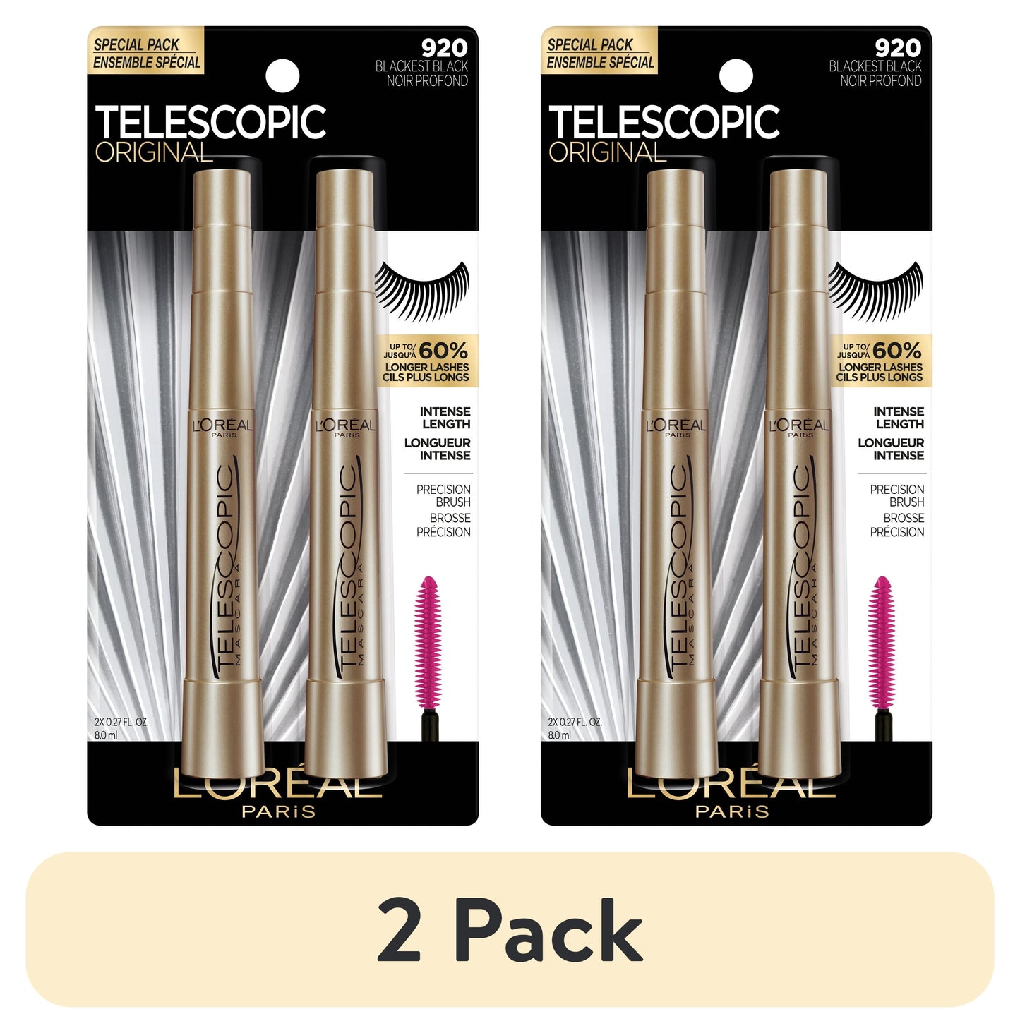 L'Oreal Paris Telescopic Original Washable Mascara, Blackest Black, 2 Pack