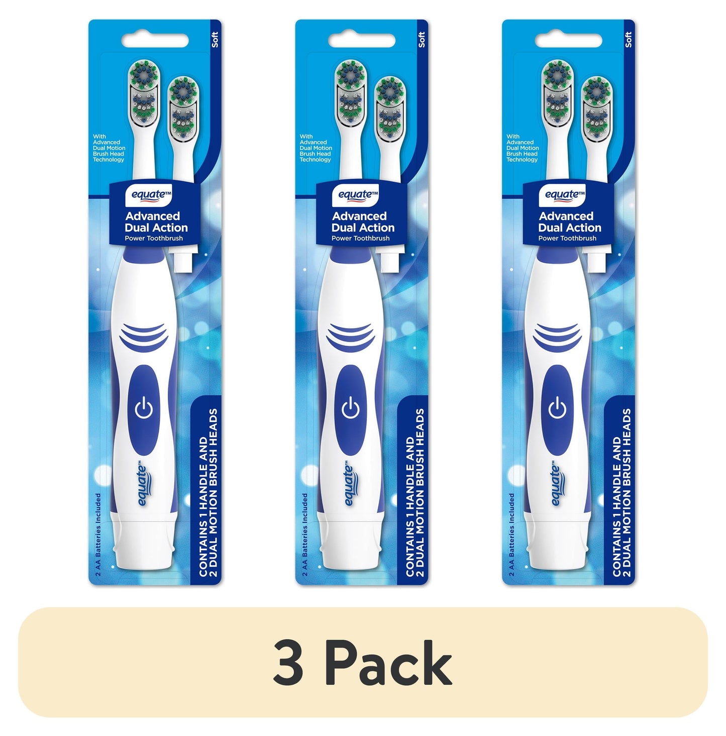Equate Advanced Dual Action Battery-Powered Electric Toothbrush with 2 Replacement Heads, White