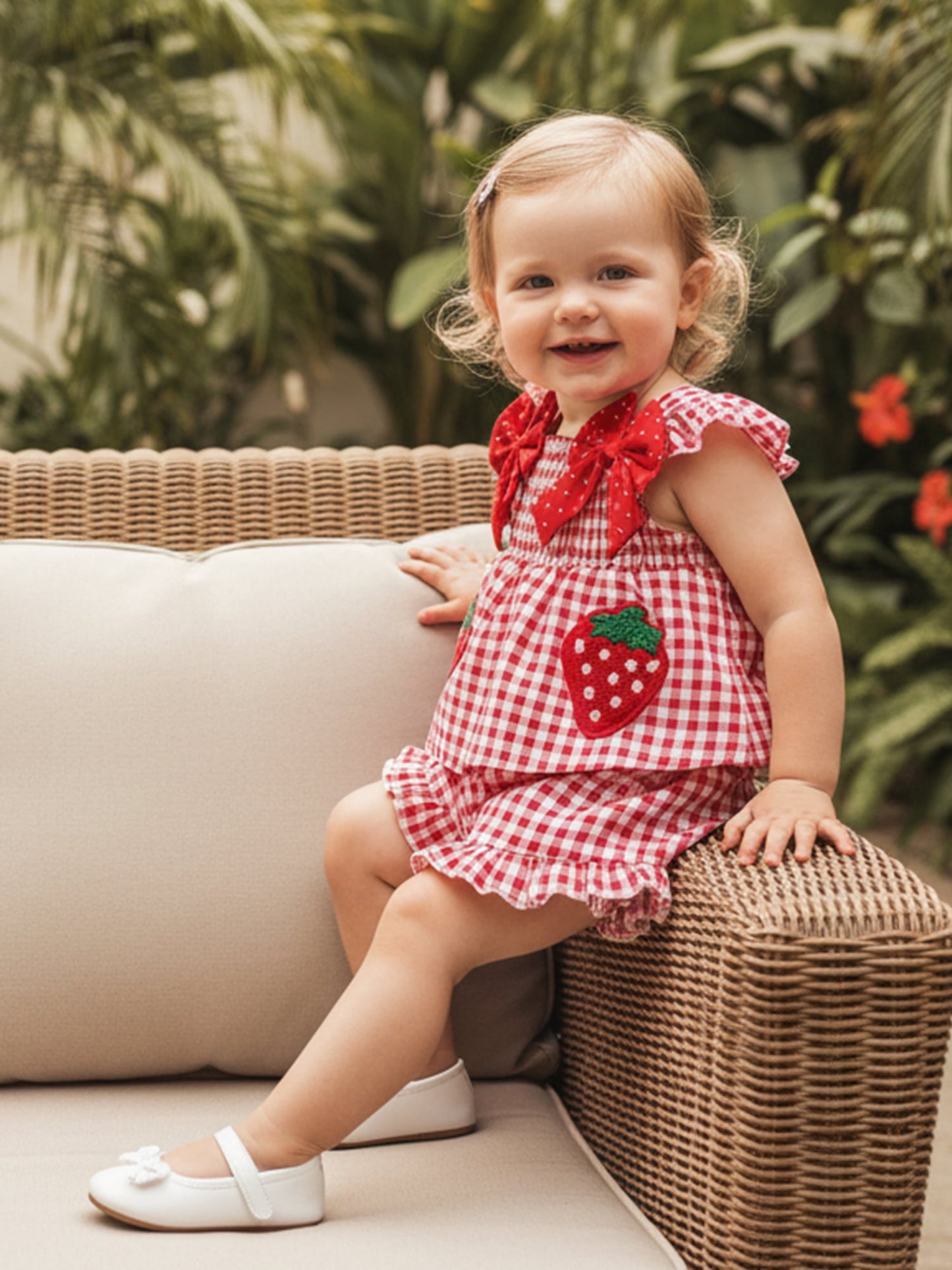Loicainy Toddler Baby Girl Summer Outfit 6 9 12 18 24 Months 2T 3T Strawberry Embroidered Plaid Bows Ruffled Trim Tank Tops and Shorts 2 Pcs Clothes Set
