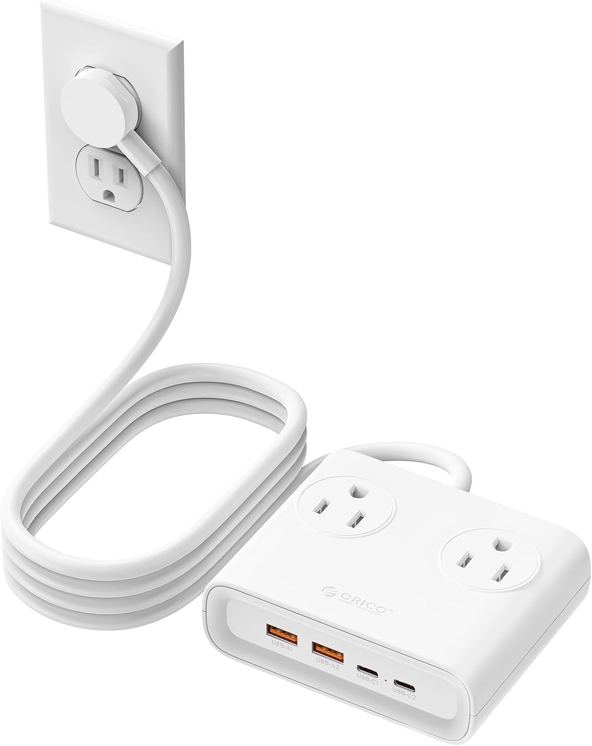 ORICO Power Brick, 25W GaN Power Strip, 8 in 1 Extension Cord with 4 AC Outlets and 2 USB-A and 2 USB-C Ports, 5ft Flat Plug White Outlet Extender for Home/Dorm/Travel-Black (1 PCS)