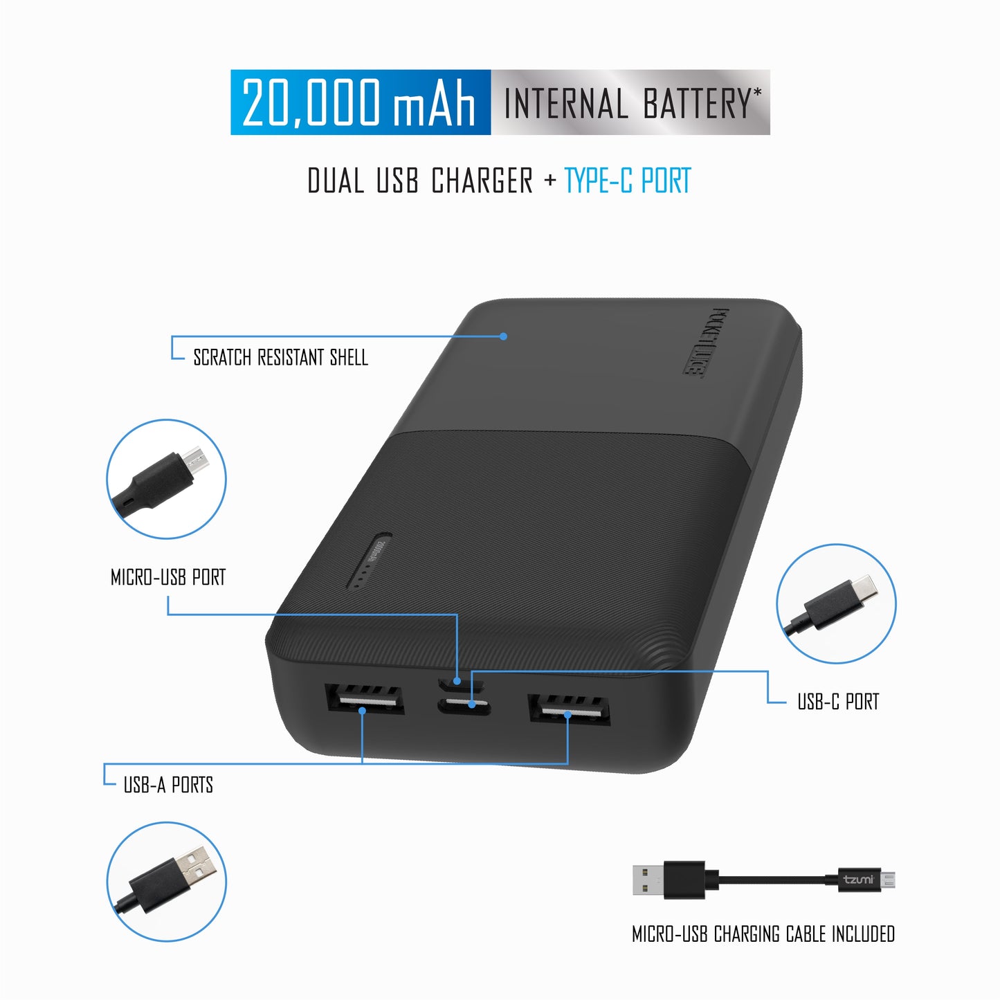 Pocket Juice Slim Pro 20,000mAh, Portable Power Bank and Charger with Dual USB Ports, Black