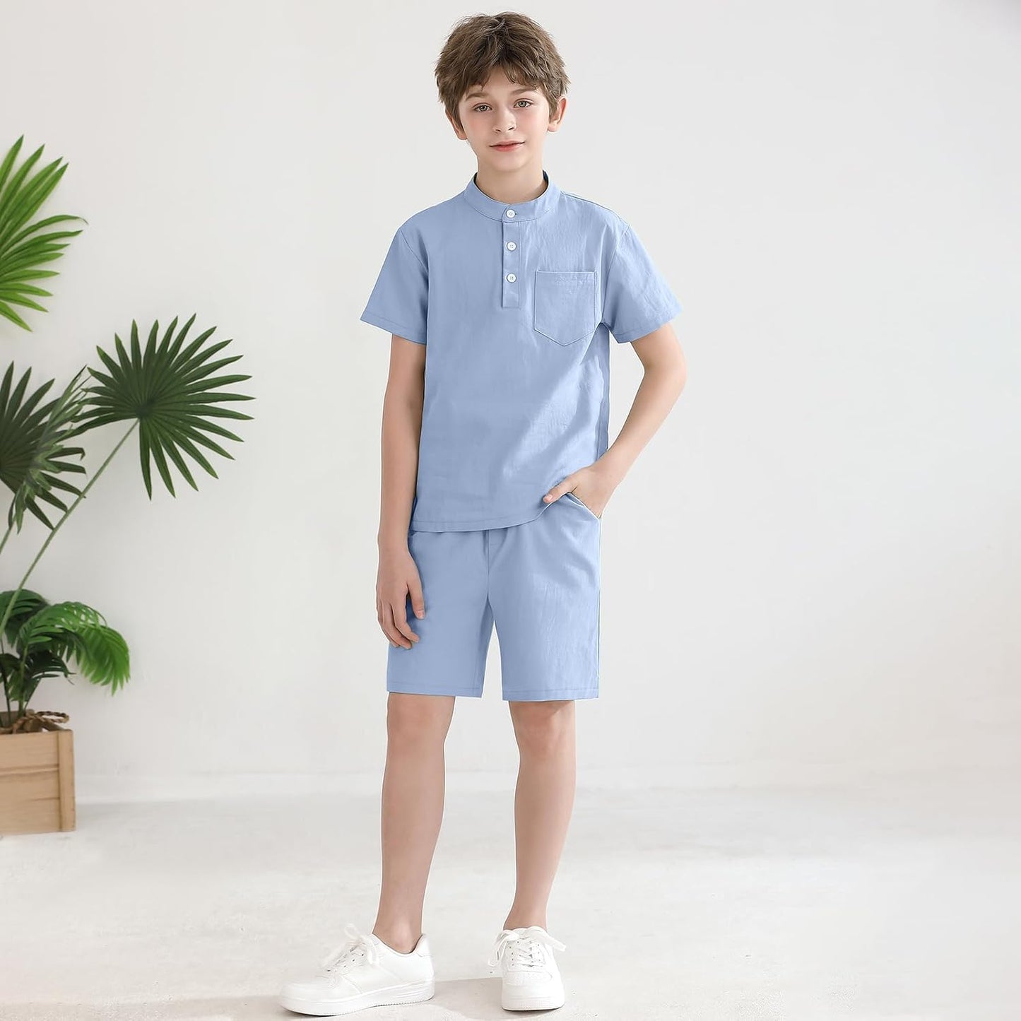 Weixinbuy Boys 2 Piece Summer Shorts Outfits Solid Henley Short Sleeve Shirt Beach Short Suit 5-12 Years Kids Clothes Set