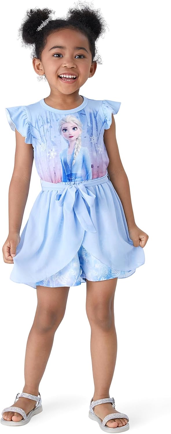 Disney Princess Frozen Elsa Minnie Mouse Stitch Toddler Girl Romper With Skirt Overlay Summer Jumpsuit with Bow 2-6 Years
