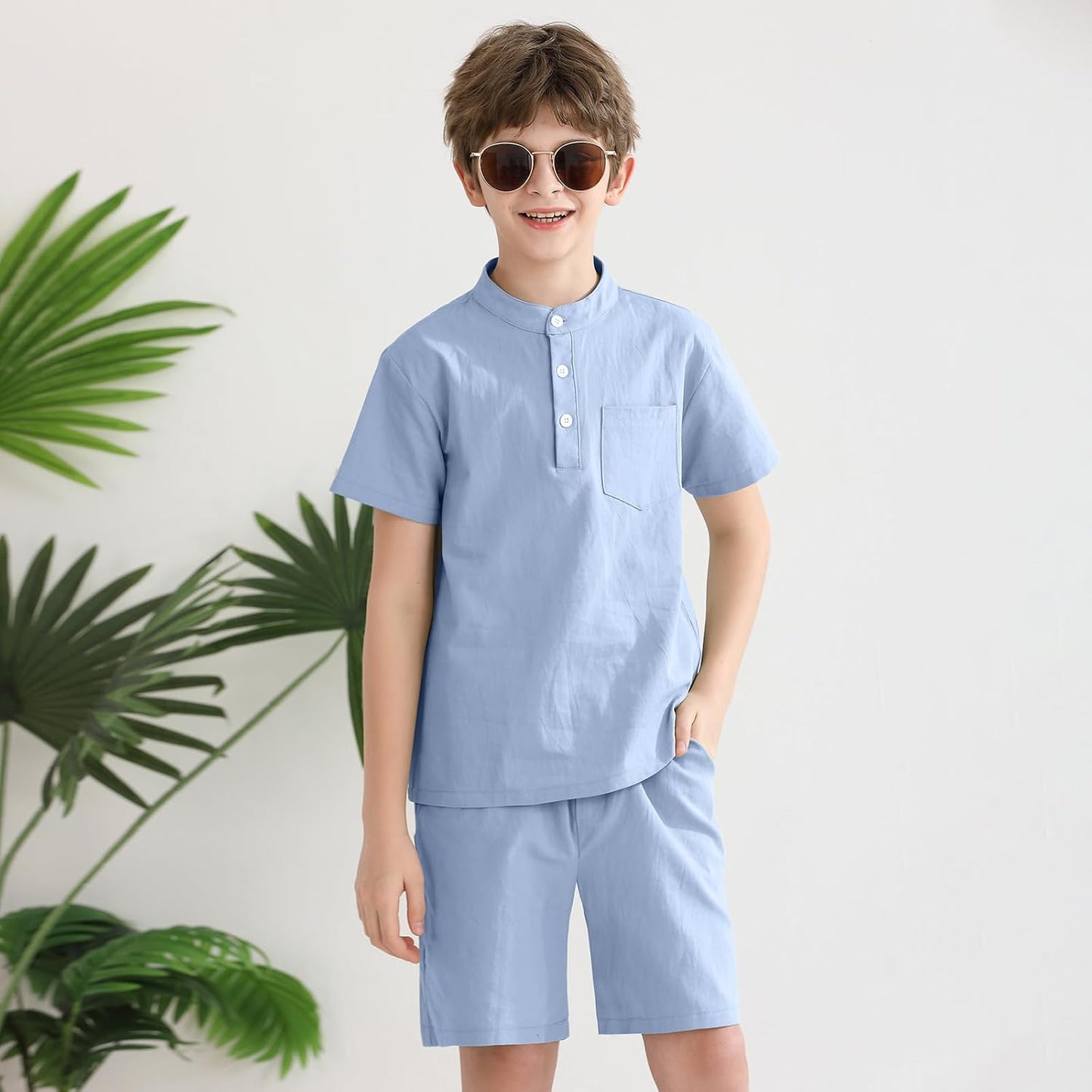 Weixinbuy Boys 2 Piece Summer Shorts Outfits Solid Henley Short Sleeve Shirt Beach Short Suit 5-12 Years Kids Clothes Set