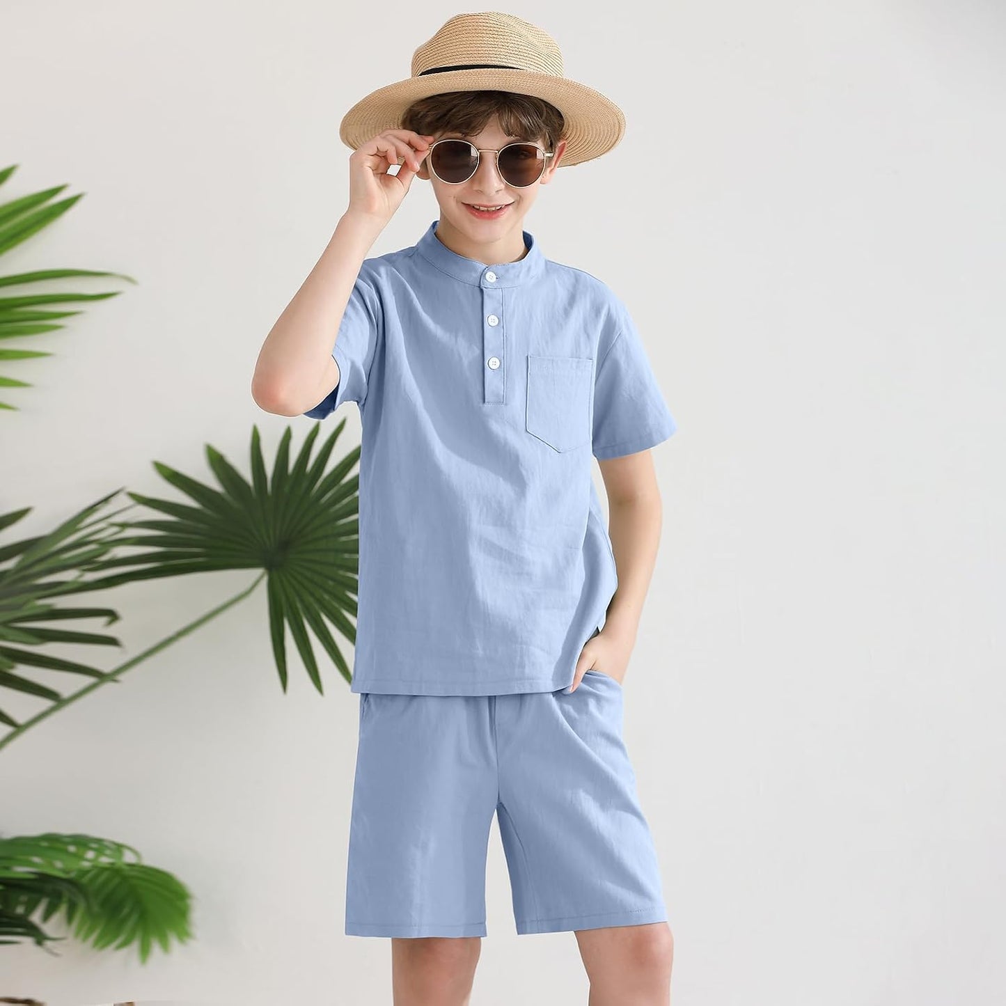 Weixinbuy Boys 2 Piece Summer Shorts Outfits Solid Henley Short Sleeve Shirt Beach Short Suit 5-12 Years Kids Clothes Set