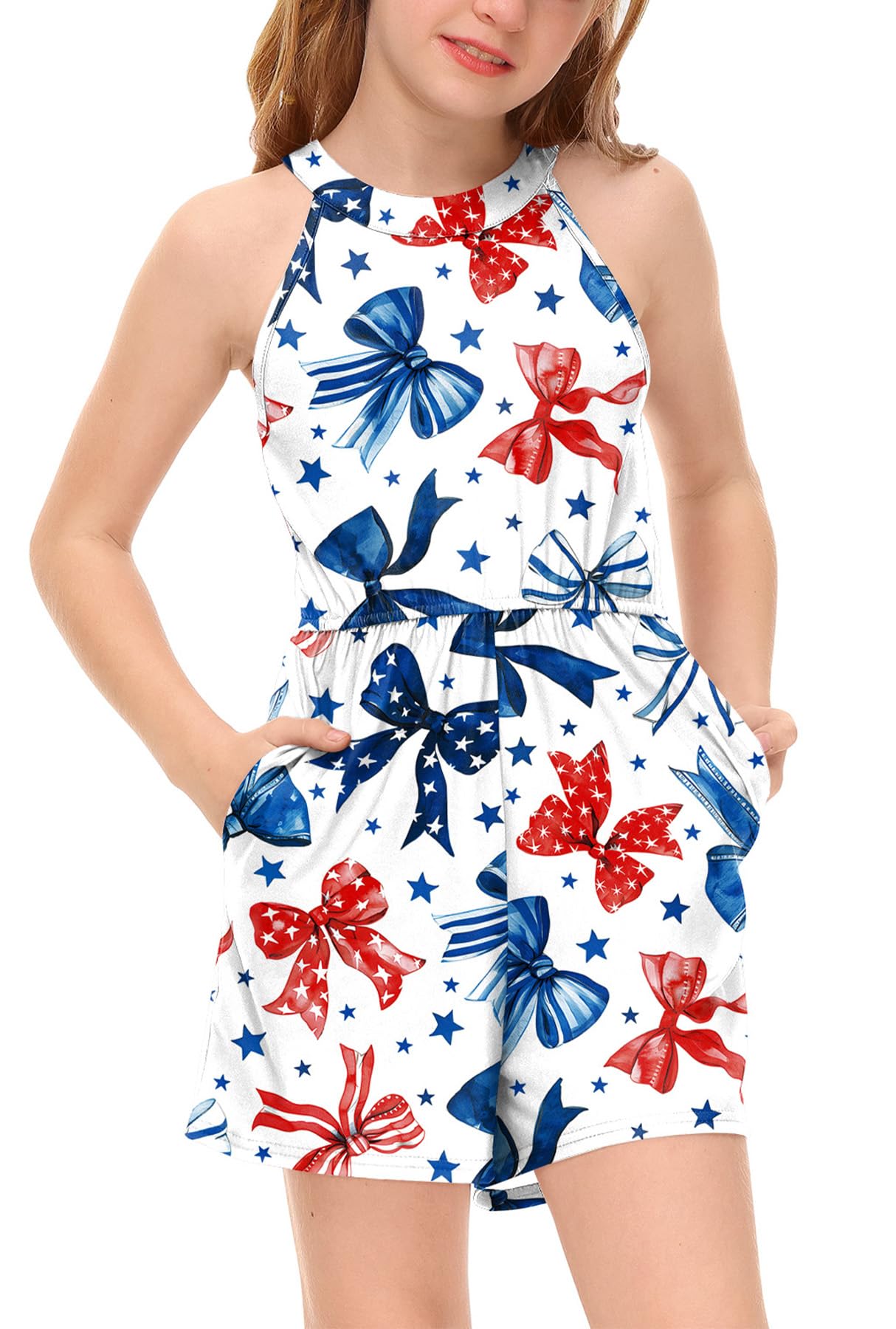 BesserBay Girls Summer Floral Halter Neck Jumpsuits Sleeveless Tropical Short Rompers with Pockets 5-14 Years