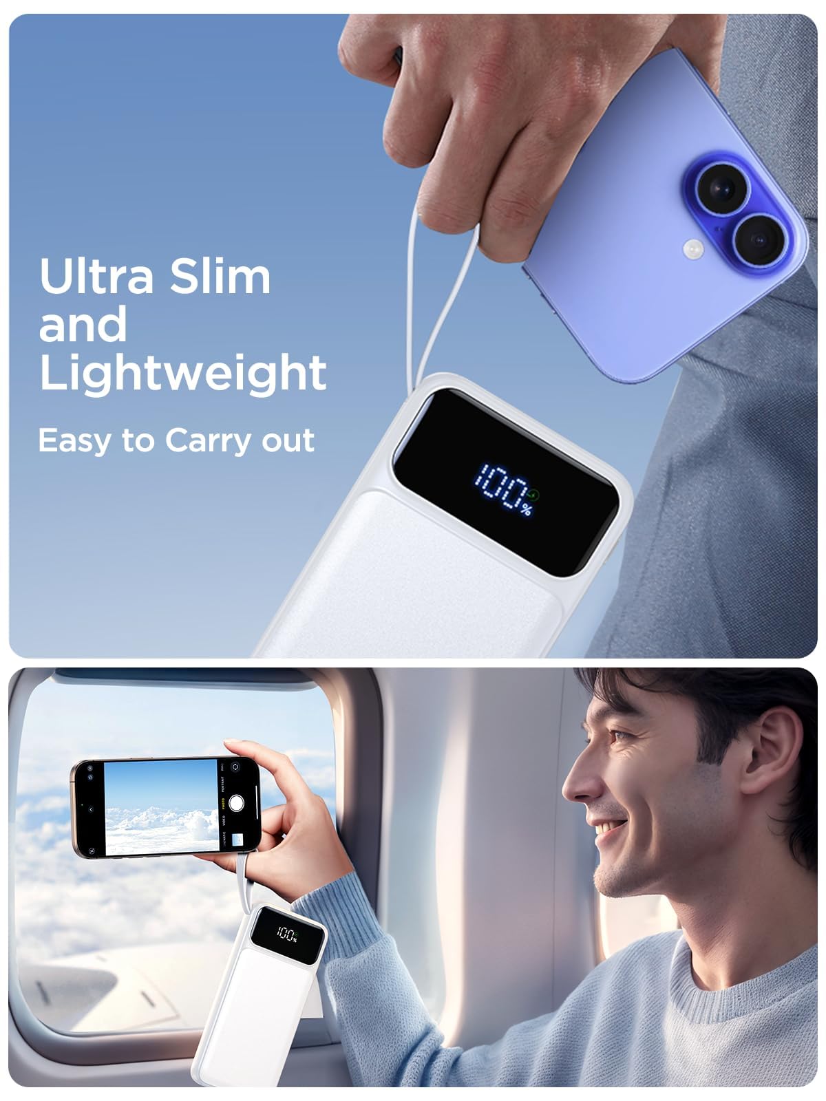 Power Bank, Portable Charger with Built in Cable 22.5W Fast Charging Battery Pack 10000mAh Slim 6 Outputs 3 Inputs LED Display Phone Charger for iPhone Samsung Pixel Moto iPad Travel Essential Gift