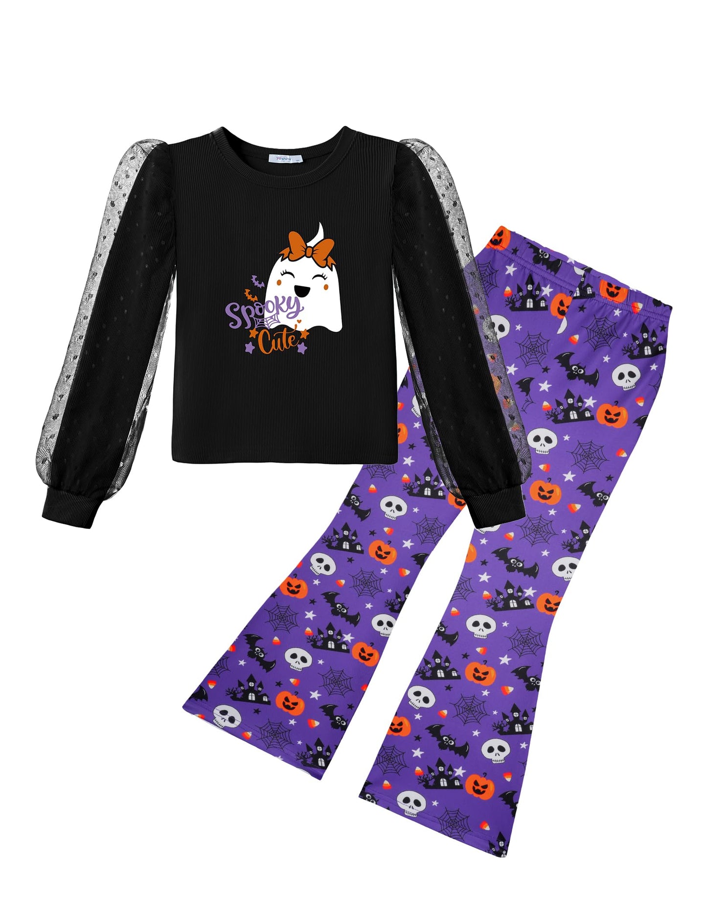 Arshiner Toddler Girls 2 Piece Outfits Fall Clothes Knit Tulle Puff Sleeves Top and Flare Pants Set for Girl 2-8Y