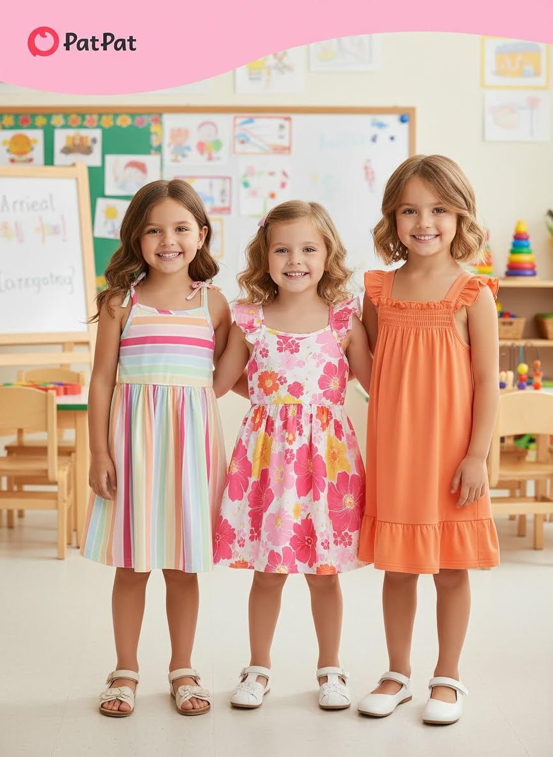 PATPAT Multipack Girl Toddler Dresses Sleeveless Flamingo Striped Toddler Casual Dresses Multicoloured