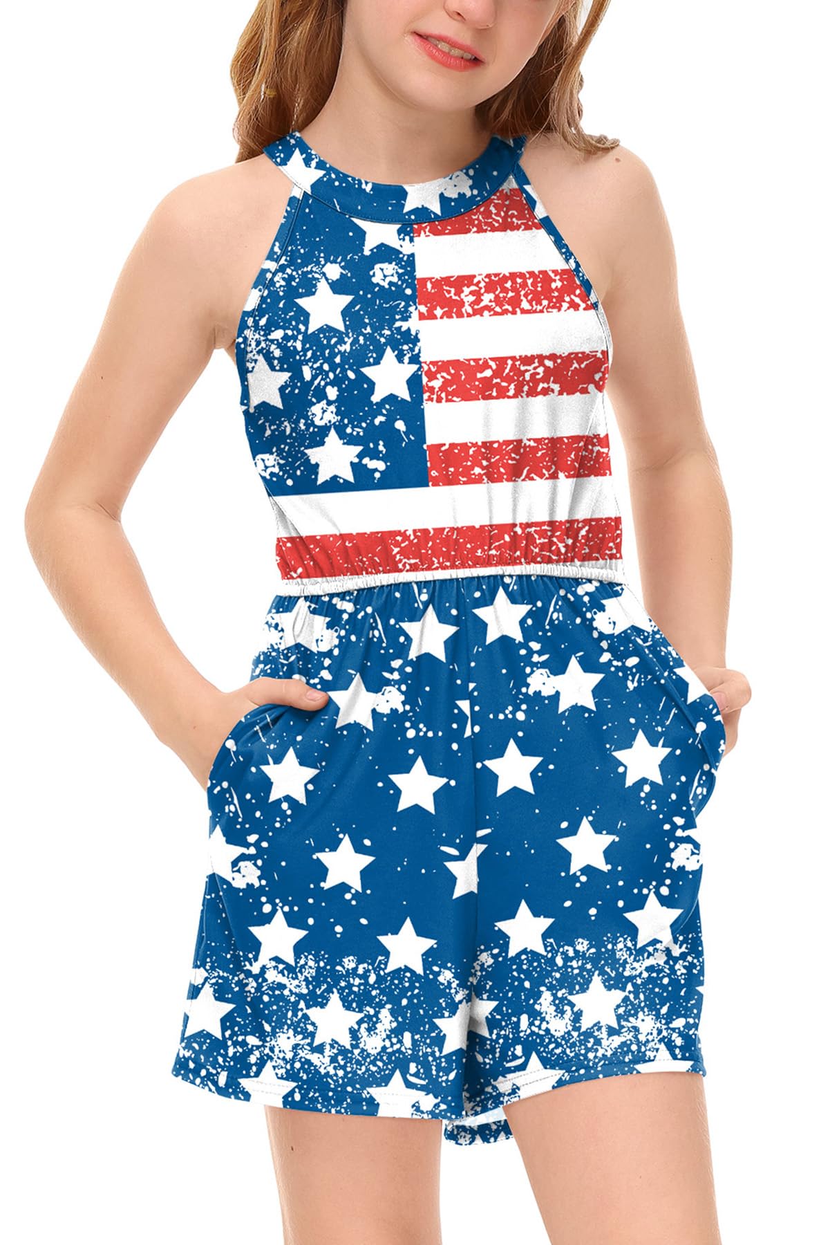 BesserBay Girls Summer Floral Halter Neck Jumpsuits Sleeveless Tropical Short Rompers with Pockets 5-14 Years