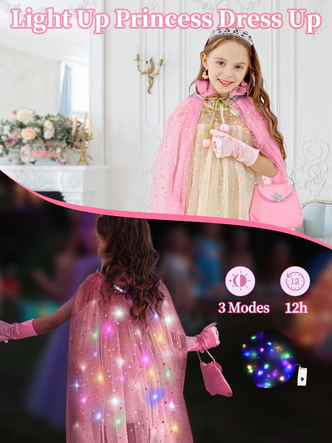 Light Up Princess Dress Up for Girls 3 4 5 6, Toddlers Dress Up Clothes, Princess Toy for Kids Birthday Gift