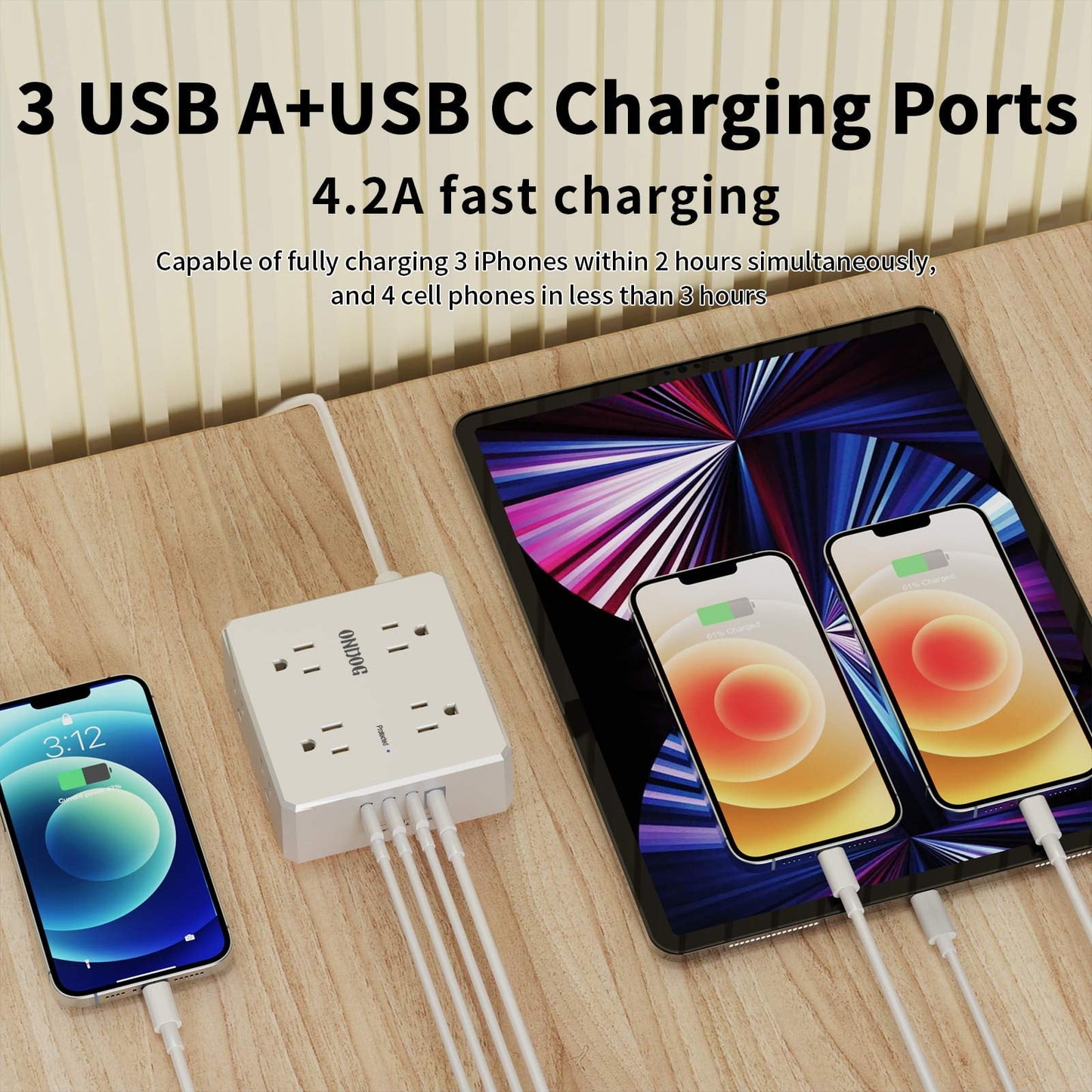 6ft Flat Plug Power Strip - 8 Outlets and 4 USB Ports (1 USB C), Extension Cord for Home Office, Etl
