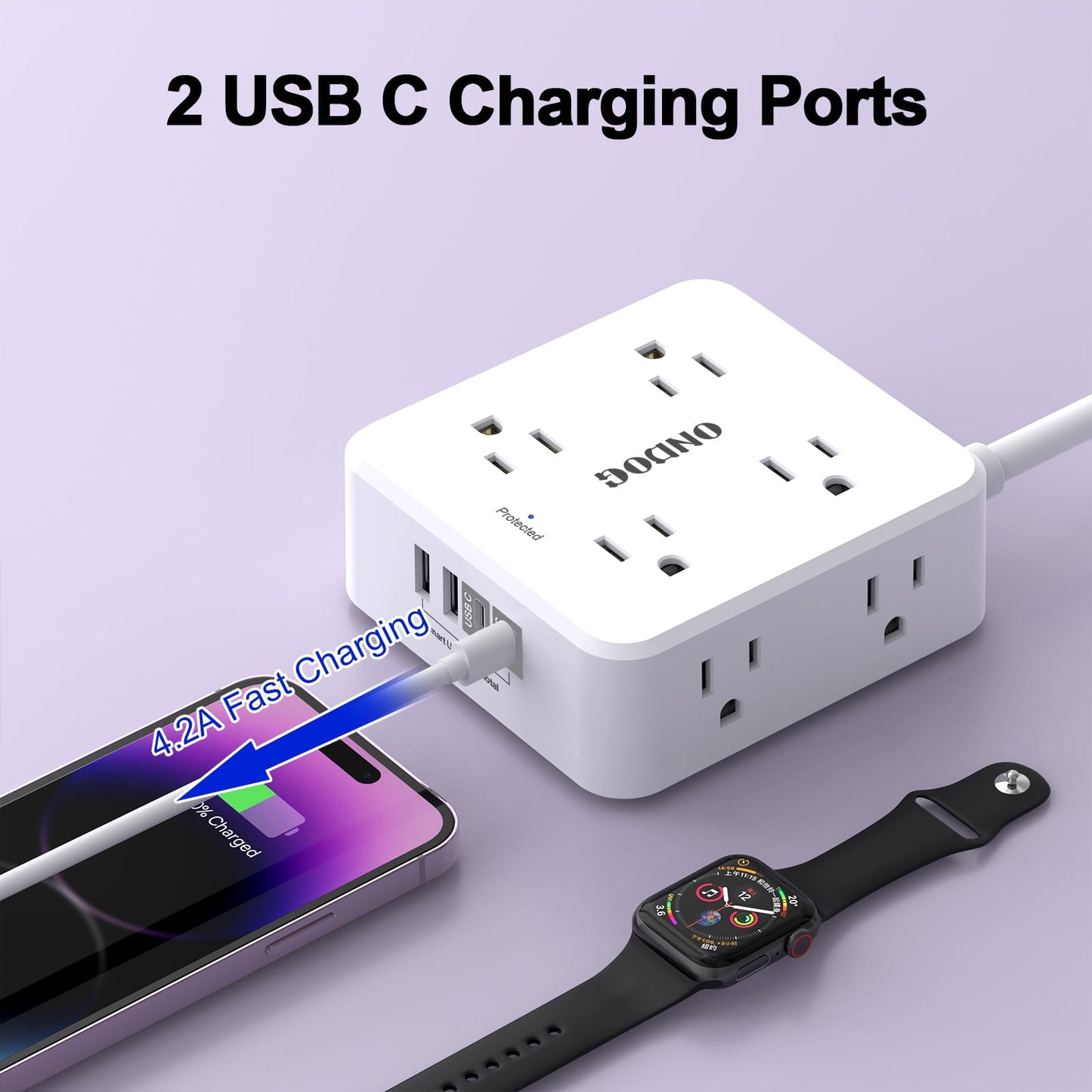 Surge Protector Power Strip - 5ft Braided Extension Cord with 8 Outlets and 4 USB (2 USB C), Flat Wall Plug for Home Office, White