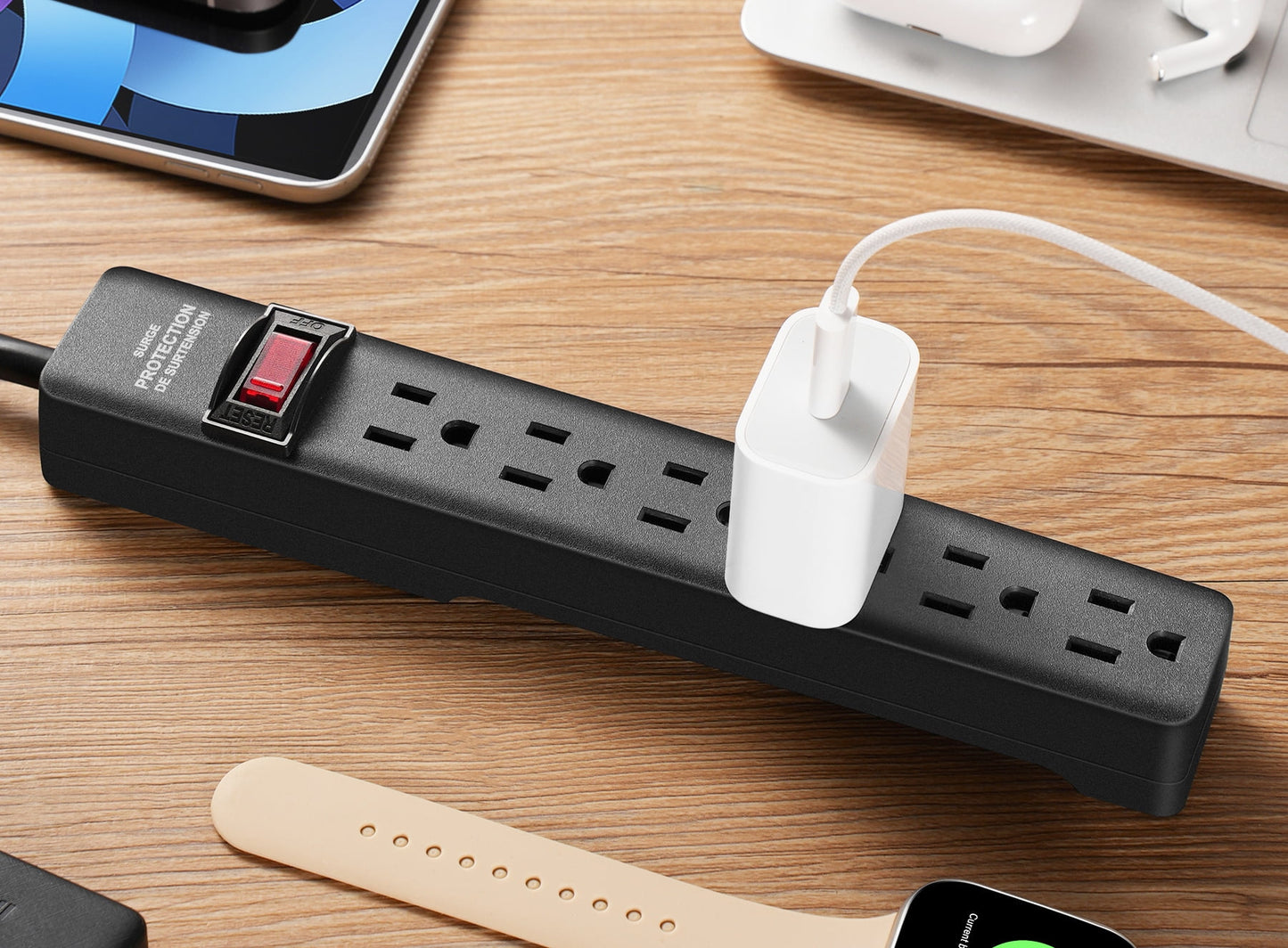 Hyper Tough Surge Protector Power Strip, 6 Outlets, 2.5 ft Extension Cord, 3 Prong, Grounded, Black