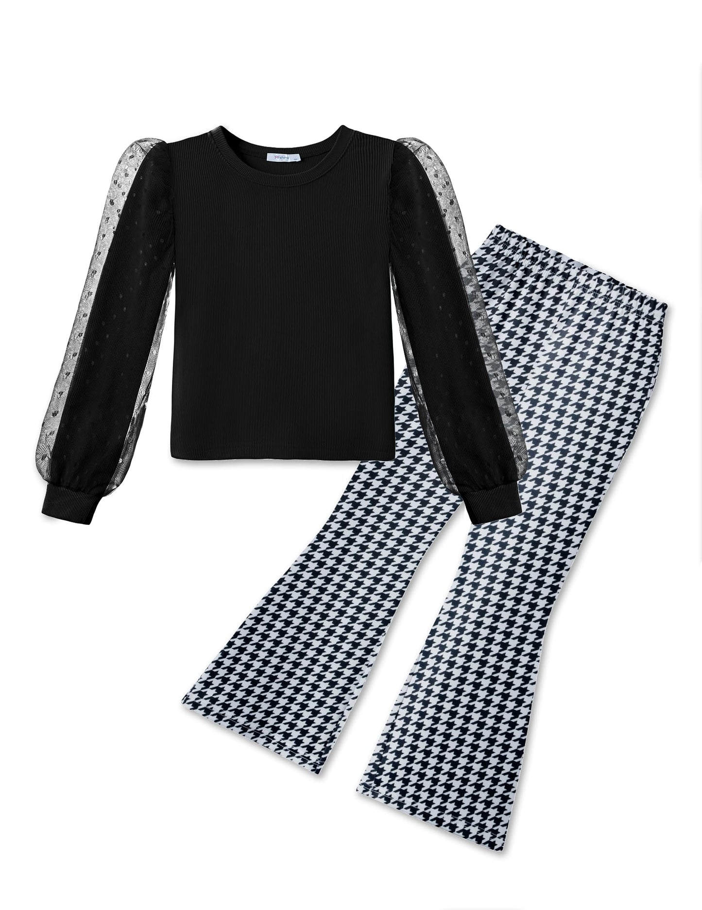 Arshiner Toddler Girls 2 Piece Outfits Fall Clothes Knit Tulle Puff Sleeves Top and Flare Pants Set for Girl 2-8Y