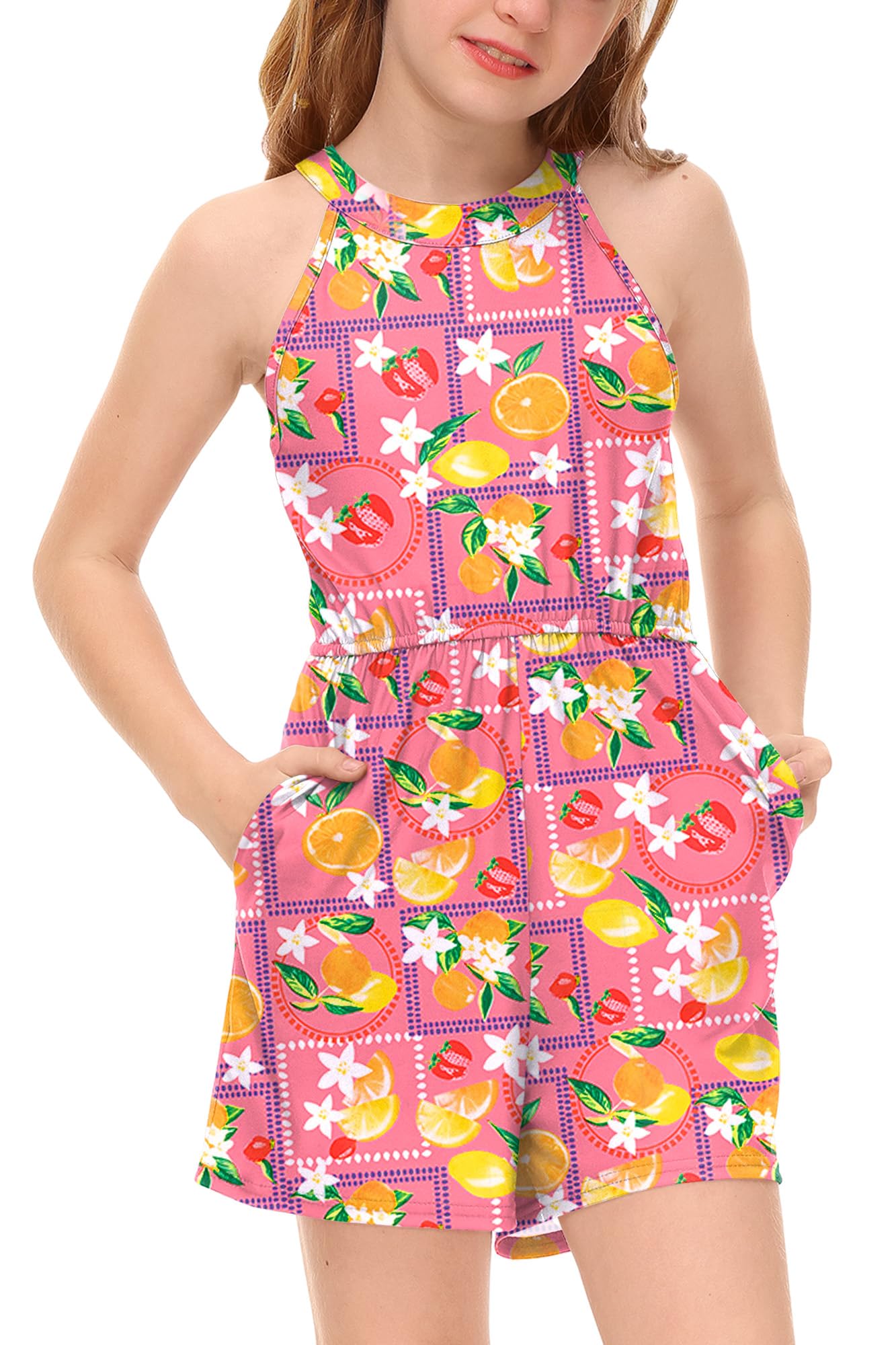 BesserBay Girls Summer Floral Halter Neck Jumpsuits Sleeveless Tropical Short Rompers with Pockets 5-14 Years