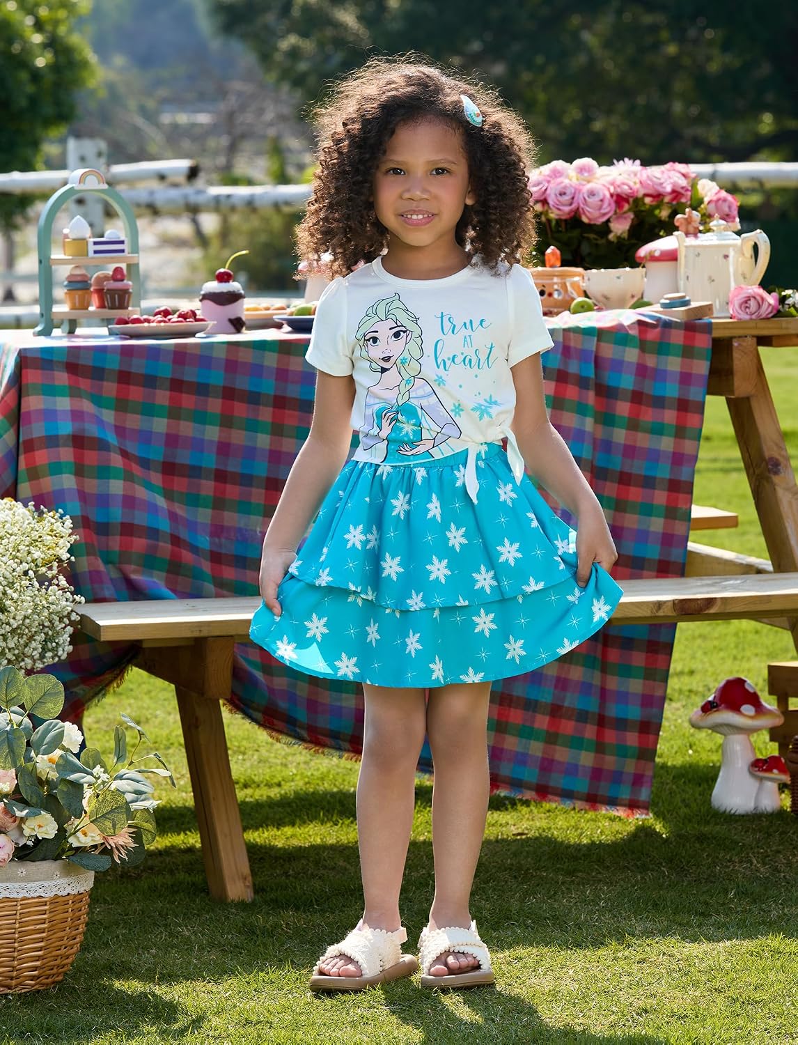 Disney Frozen Elsa Stitch Minnie Princess Toddler Girls' T-Shirt & Double Ruffle Skirt 2 Piece Outfit Summer Clothes Set 2-9Y