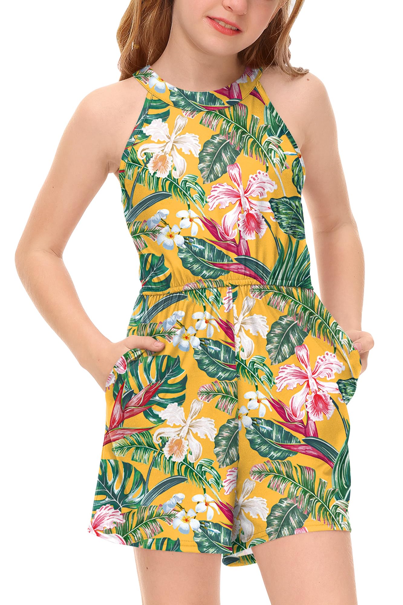 BesserBay Girls Summer Floral Halter Neck Jumpsuits Sleeveless Tropical Short Rompers with Pockets 5-14 Years