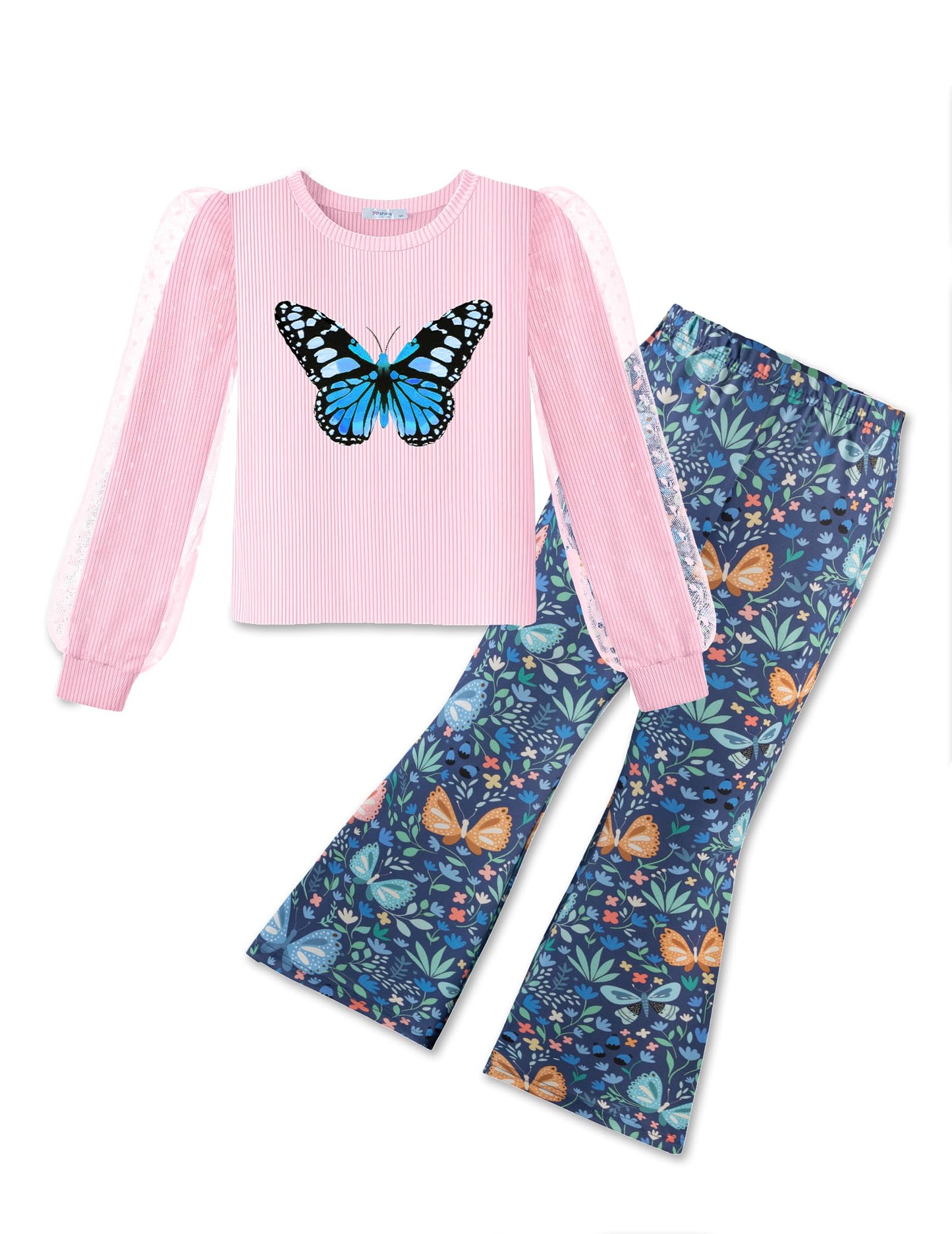 Arshiner Toddler Girls 2 Piece Outfits Fall Clothes Knit Tulle Puff Sleeves Top and Flare Pants Set for Girl 2-8Y