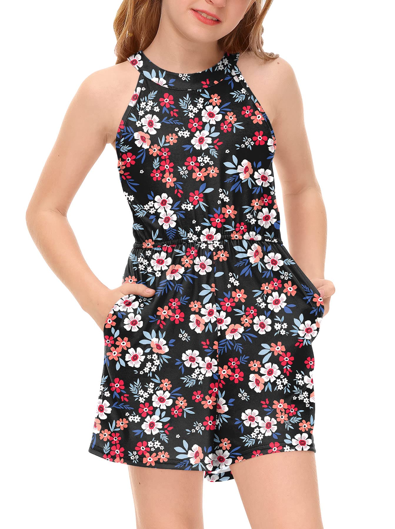 BesserBay Girls Summer Floral Halter Neck Jumpsuits Sleeveless Tropical Short Rompers with Pockets 5-14 Years