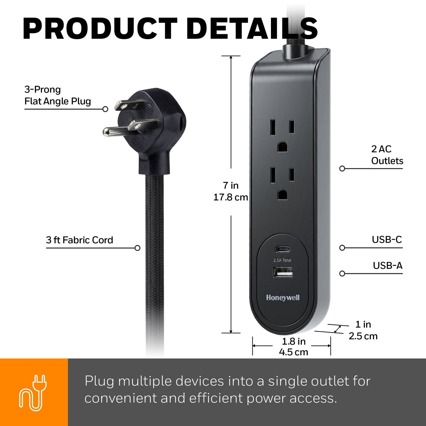 Honeywell 3 ft. Fabric Power Strip with 2 AC & 2 USB Ports (2.1A), 45° Angled Flat Plug (Black/Black)