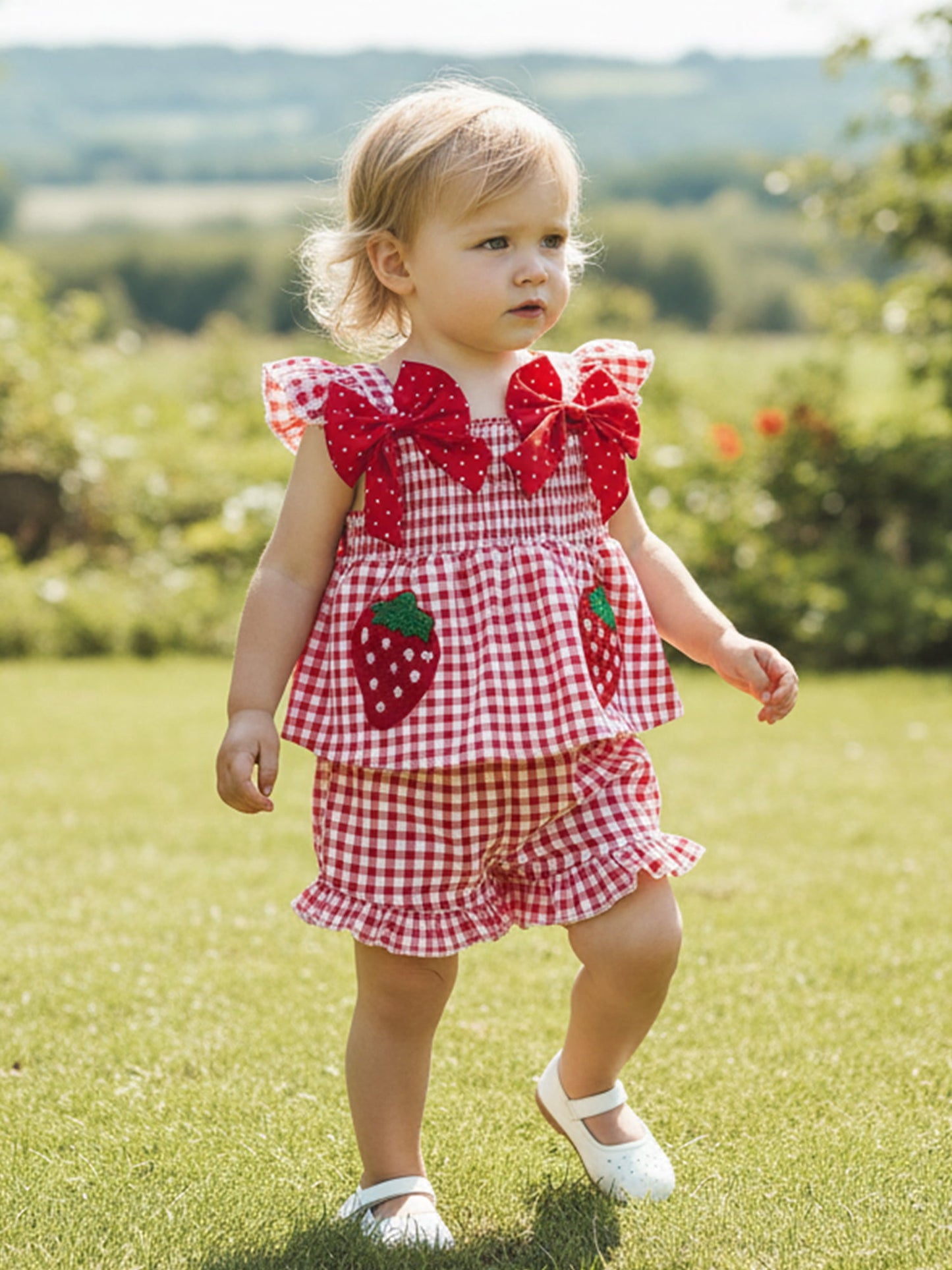 Loicainy Toddler Baby Girl Summer Outfit 6 9 12 18 24 Months 2T 3T Strawberry Embroidered Plaid Bows Ruffled Trim Tank Tops and Shorts 2 Pcs Clothes Set