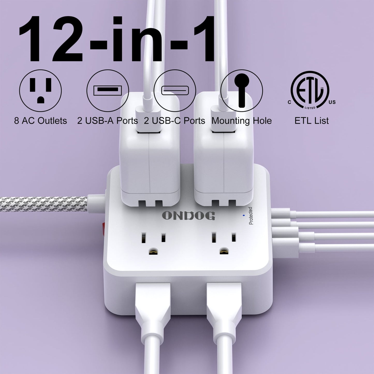 Surge Protector Power Strip - 5ft Braided Extension Cord with 8 Outlets and 4 USB (2 USB C), Flat Wall Plug for Home Office, White