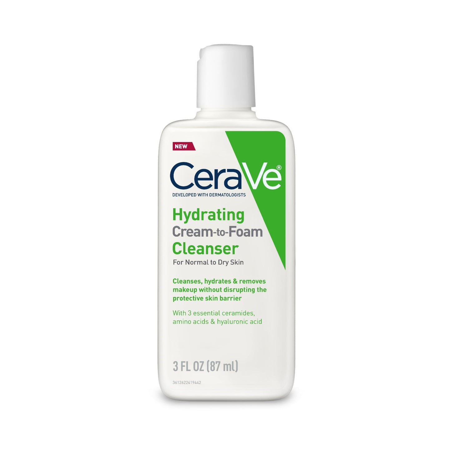 CeraVe Facial Wash Hydrating Cream-to-Foam with Hyaluronic Acid for Normal to Dry Skin 8 fl oz