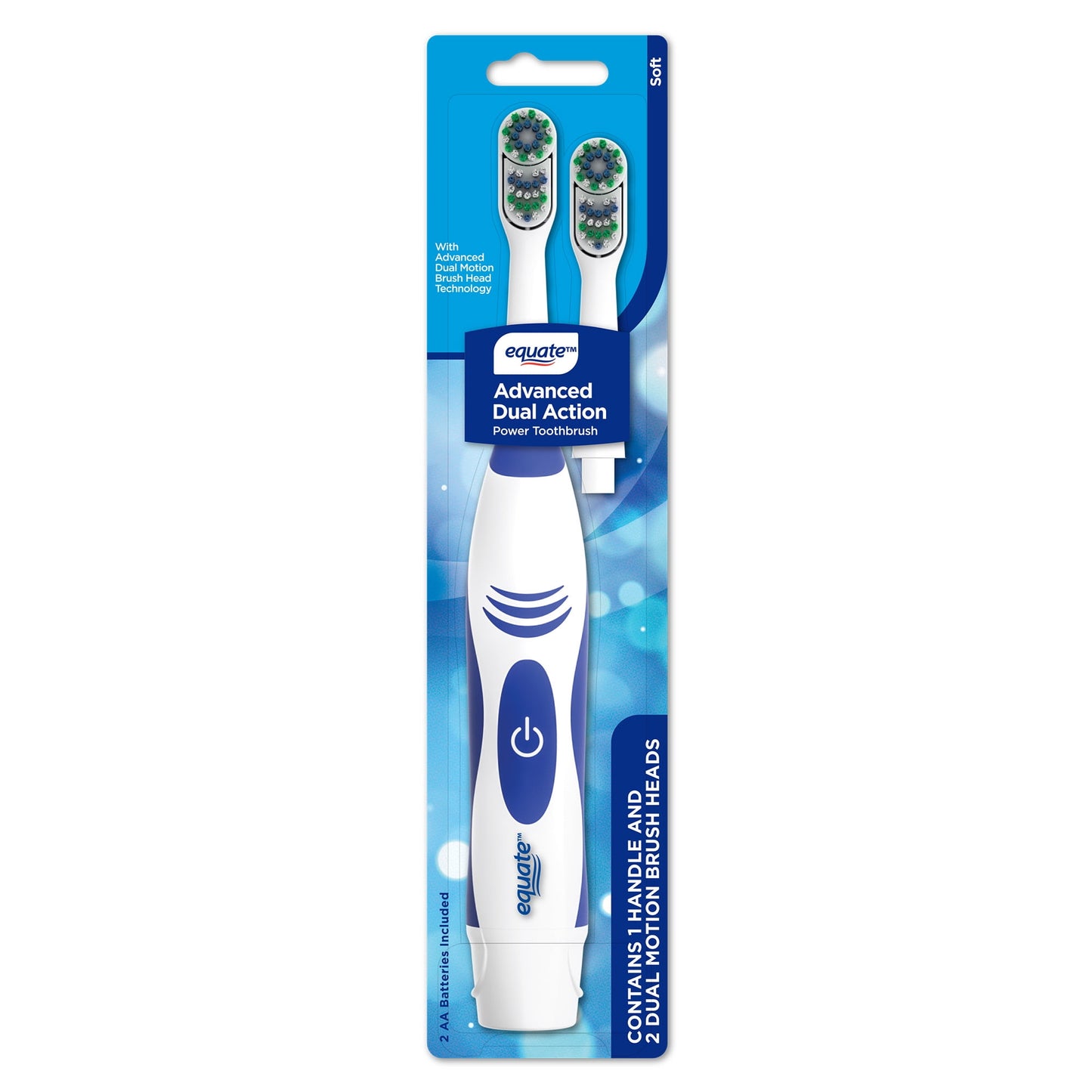 Equate Advanced Dual Action Battery-Powered Electric Toothbrush with 2 Replacement Heads, White