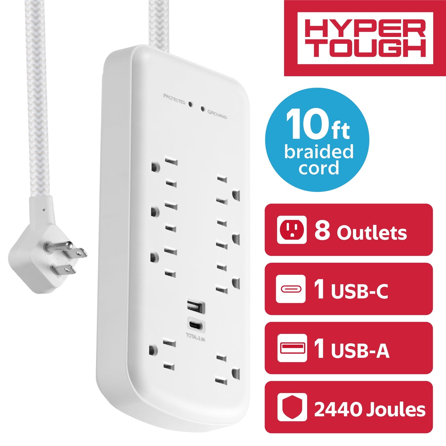 Hyper Tough Surge Protector Power Strip with USB-A, USB-C, 8 Outlets, 10ft Extension Cord, Black