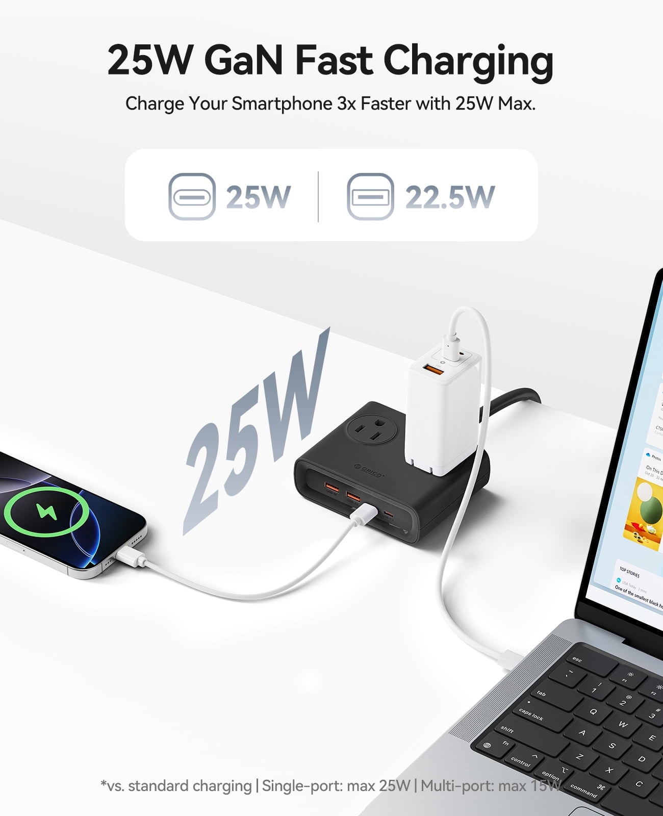 ORICO Power Brick, 25W GaN Power Strip, 8 in 1 Extension Cord with 4 AC Outlets and 2 USB-A and 2 USB-C Ports, 5ft Flat Plug White Outlet Extender for Home/Dorm/Travel-Black (1 PCS)