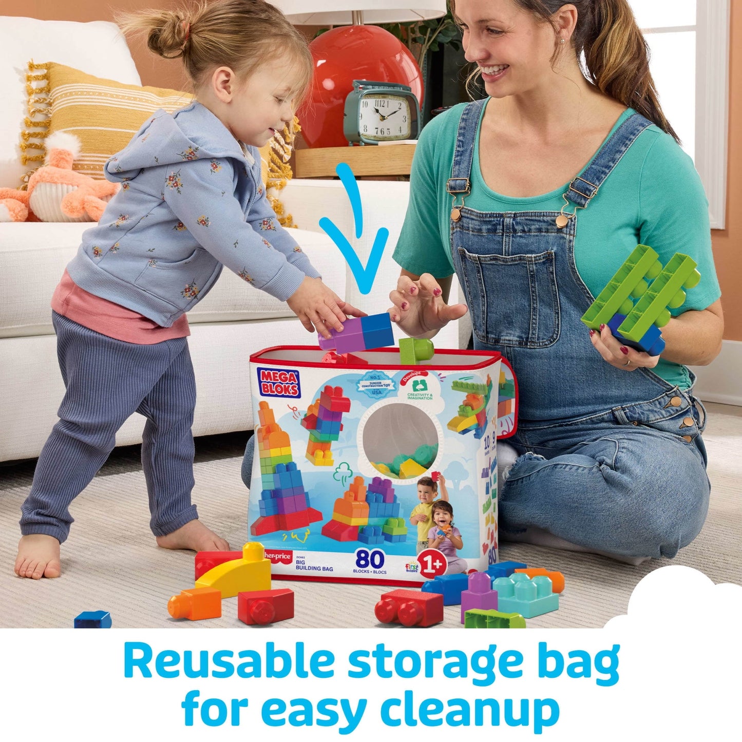 MEGA BLOKS Fisher-Price Toy Blocks Blue Big Building Bag with Storage (80 Pieces) for Toddler