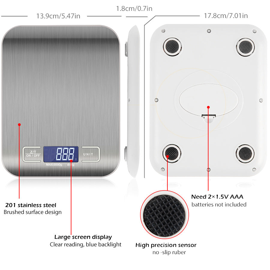 Digital Electronic Kitchen Food Diet Postal Scale Weight Balance 5KG 1g 11lb Kitchen Scales Stainless Steel Weighing For Food Diet Postal Balance Measuring LCD Precision Electronic - EBS PLATFORM INC.