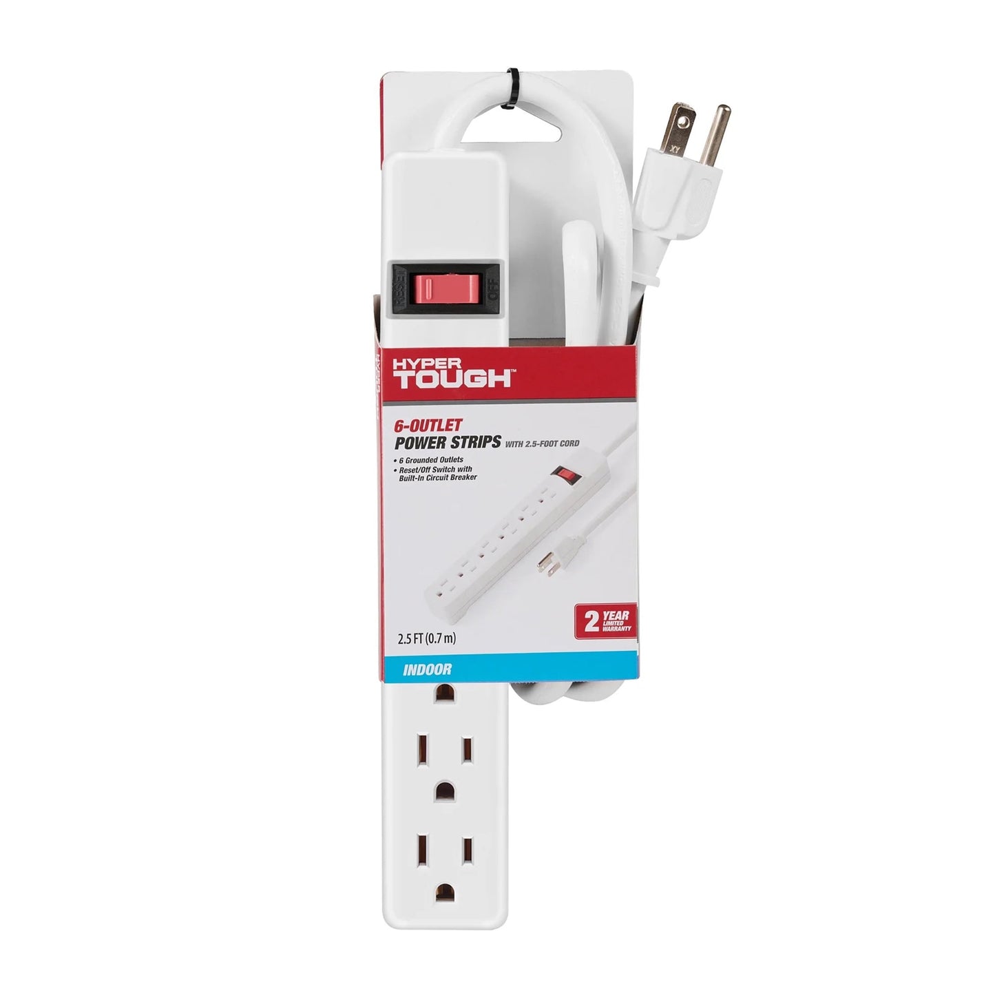 Hyper Tough 6-Outlet Indoor Power Strip with 2.5 ft Extension Cord, ETL Certified, White