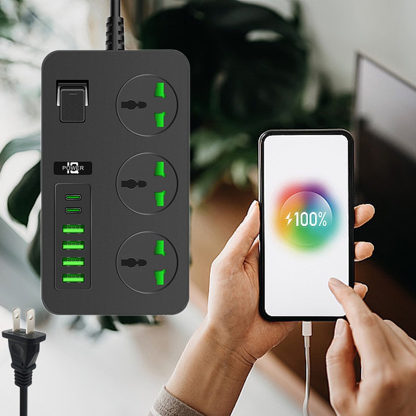 RKZDSR Surge Protector Power Strip with 3 Outlets & 6 USB Ports, 6.7x3.9x0.9in 3000W Extension Cord with On/Off Switches for Office & Dorm Room