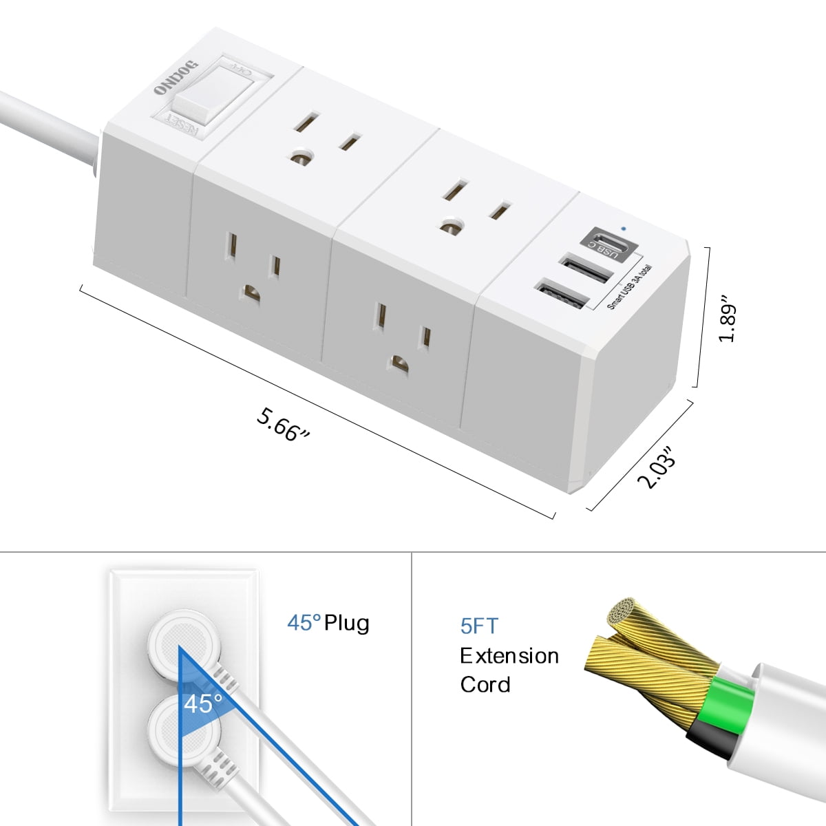 5ft Surge Protector Power Strip - 6 Outlets and 3USB Ports (1 USB C), 3-Sided Outlet Extender for Home, Office, ETL