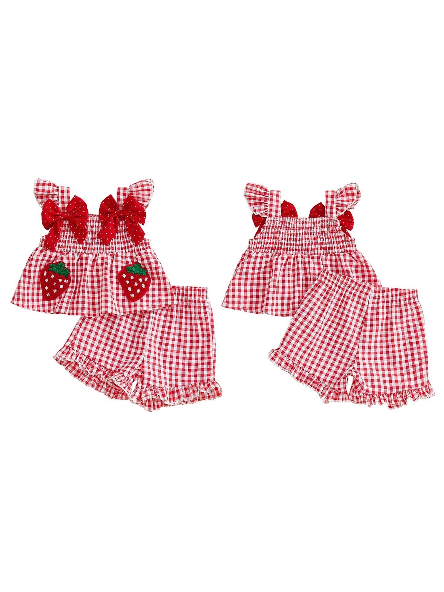 Loicainy Toddler Baby Girl Summer Outfit 6 9 12 18 24 Months 2T 3T Strawberry Embroidered Plaid Bows Ruffled Trim Tank Tops and Shorts 2 Pcs Clothes Set