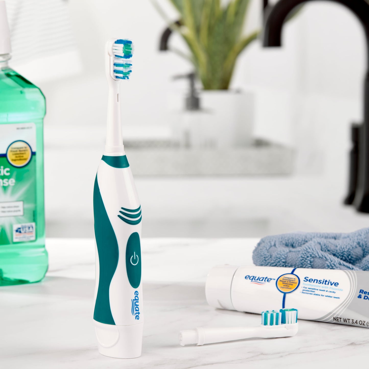 Equate Advanced Dual Action Battery-Powered Electric Toothbrush with 2 Replacement Heads, White