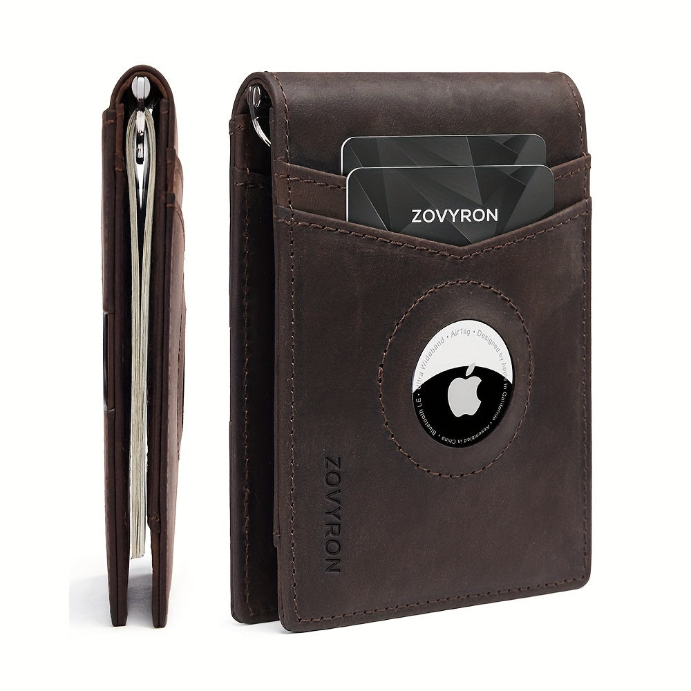 Mens Wallet Genuine Leather Slim Bifold Wallet With Airtag Holder, RFID Blocking, Front Pocket Wallet With Money Clip,ID Window Credit Card Holder