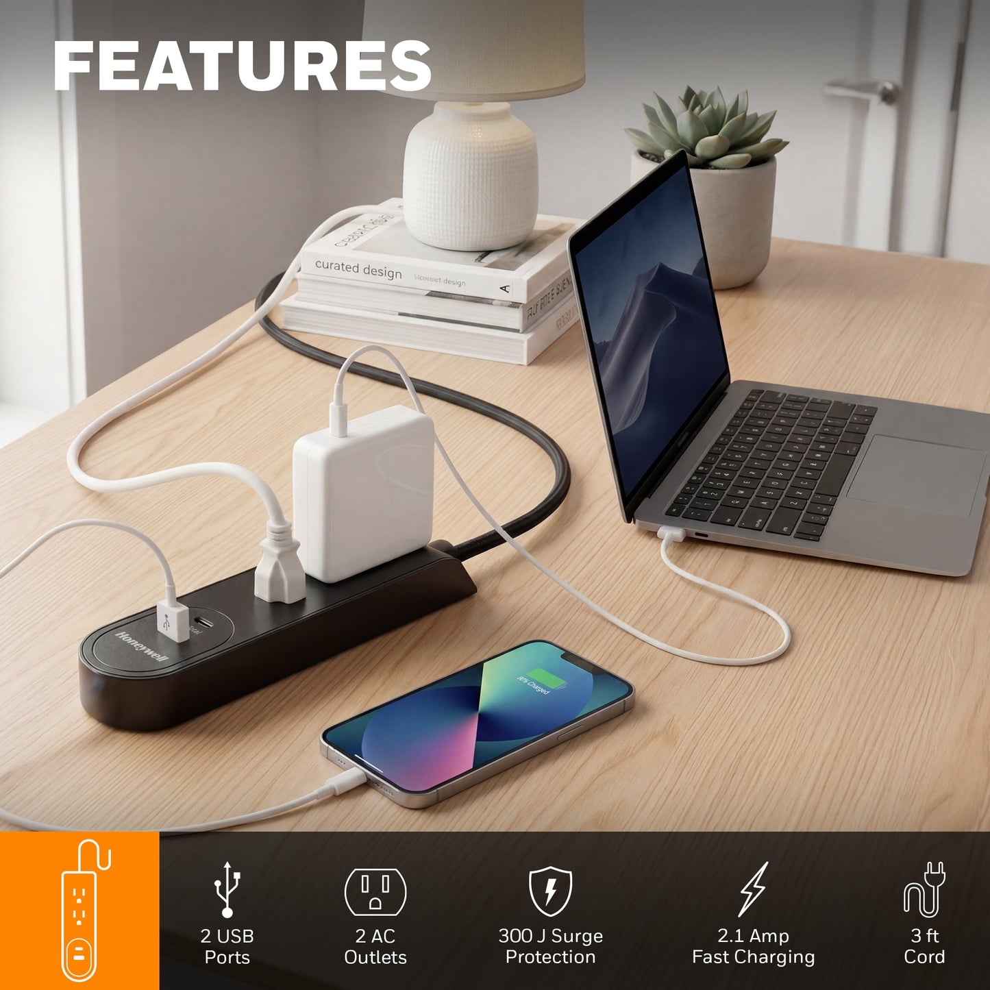 Honeywell 3 ft. Fabric Power Strip with 2 AC & 2 USB Ports (2.1A), 45° Angled Flat Plug (Black/Black)