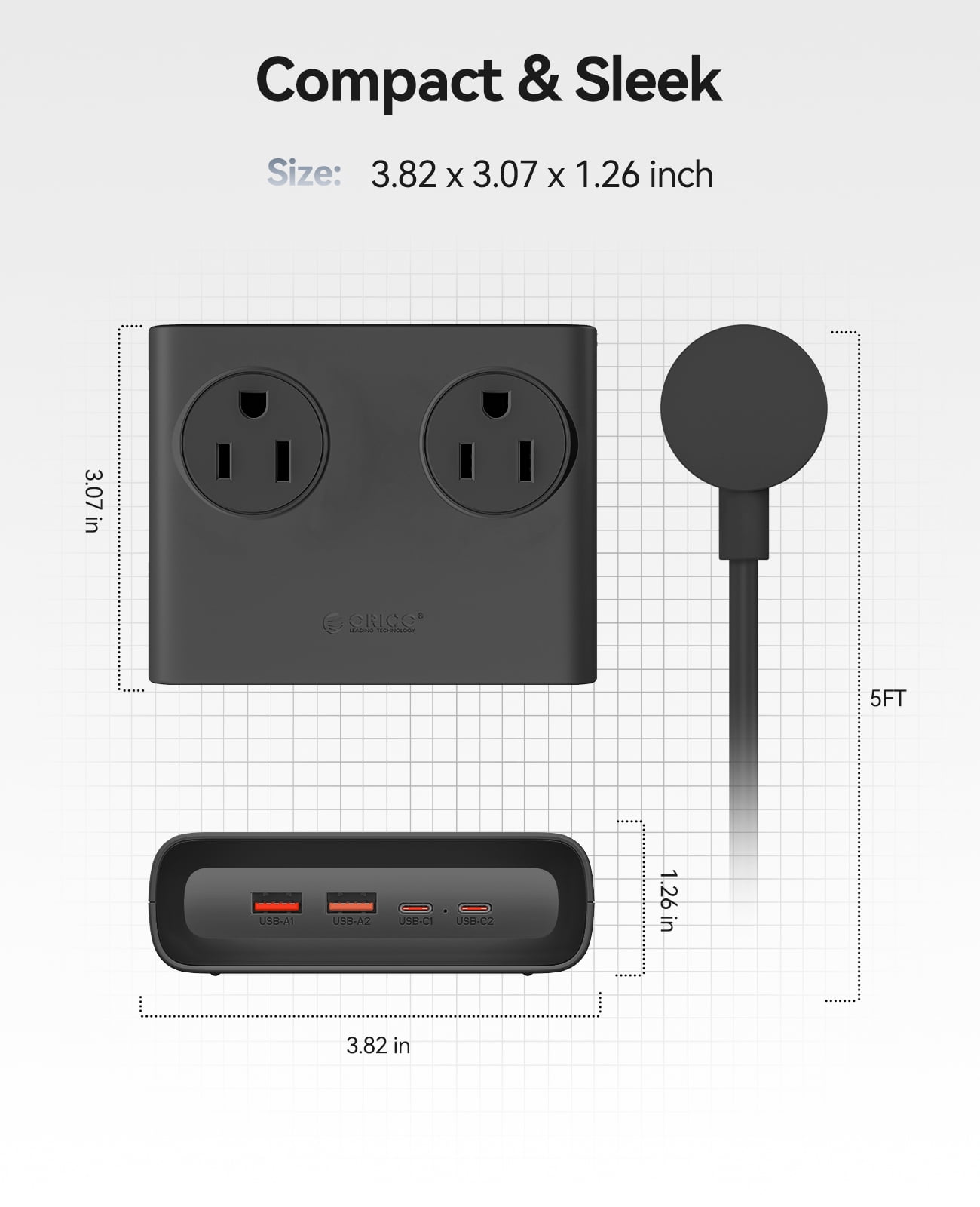 ORICO Power Brick, 25W GaN Power Strip, 8 in 1 Extension Cord with 4 AC Outlets and 2 USB-A and 2 USB-C Ports, 5ft Flat Plug White Outlet Extender for Home/Dorm/Travel-Black (1 PCS)