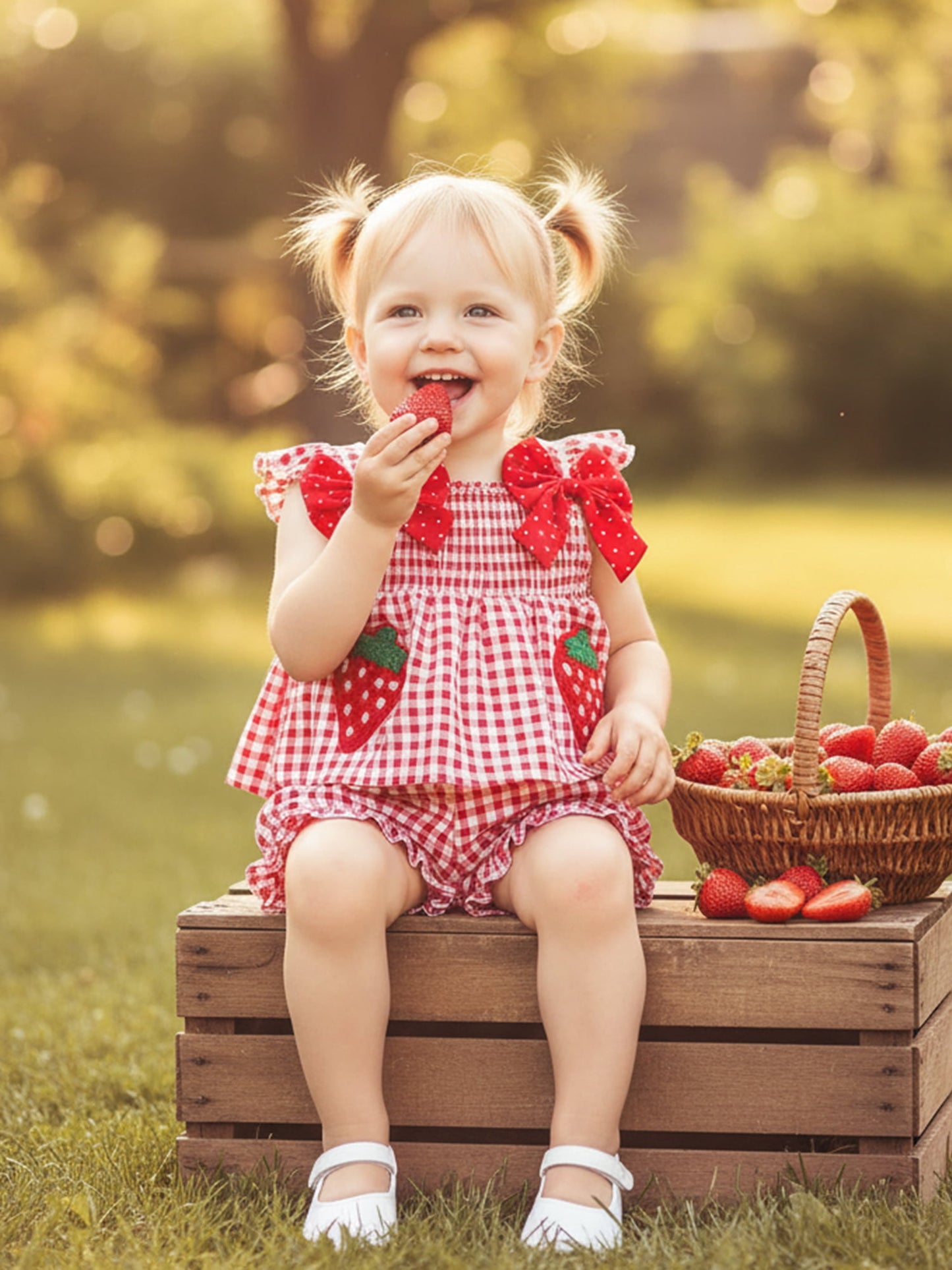 Loicainy Toddler Baby Girl Summer Outfit 6 9 12 18 24 Months 2T 3T Strawberry Embroidered Plaid Bows Ruffled Trim Tank Tops and Shorts 2 Pcs Clothes Set