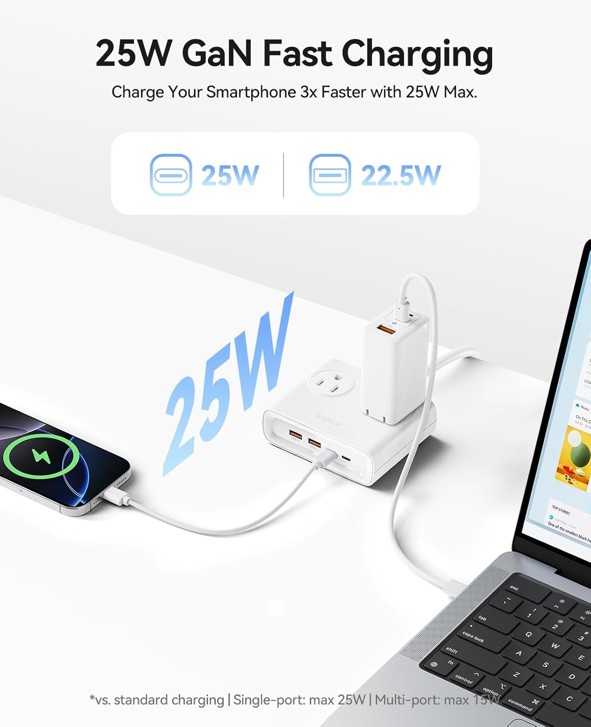 ORICO Power Brick, 25W GaN Power Strip, 8 in 1 Extension Cord with 4 AC Outlets and 2 USB-A and 2 USB-C Ports, 5ft Flat Plug White Outlet Extender for Home/Dorm/Travel-Black (1 PCS)