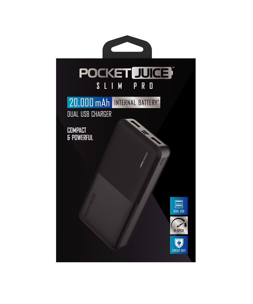 Pocket Juice Slim Pro 20,000mAh, Portable Power Bank and Charger with Dual USB Ports, Black
