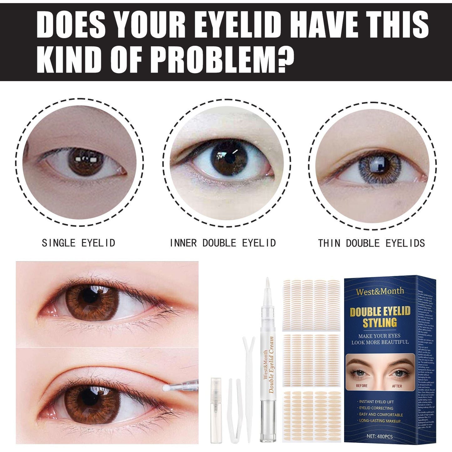 West&Month Double Eyelid Tape - Invisible, No-Glue, Natural Mesh Adhesive, Activates With Water, Beautiful Eyes, Olive Shaped Lace