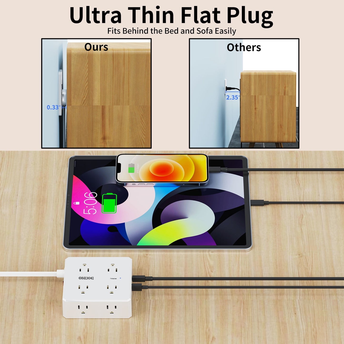 6ft Flat Plug Power Strip - 8 Outlets and 4 USB Ports (1 USB C), Extension Cord for Home Office, Etl